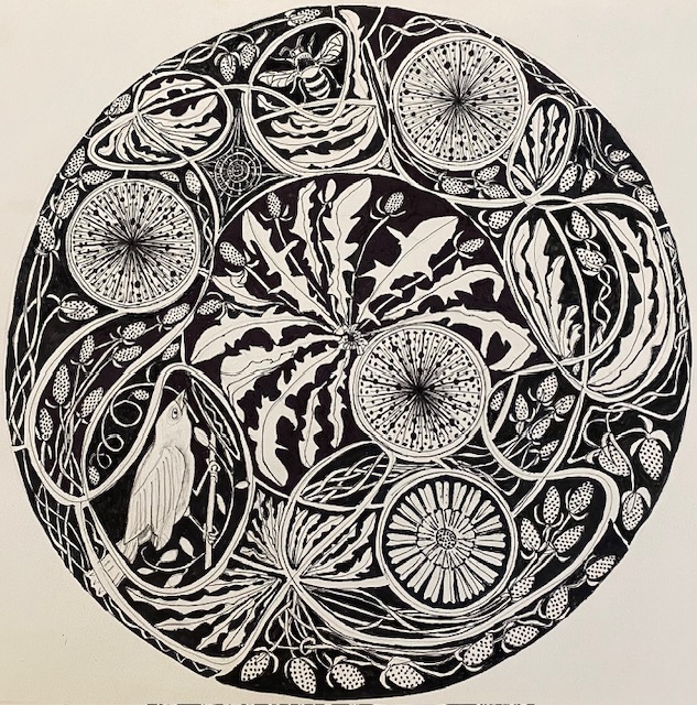 Pen and ink drawing inspired by mysticism, nature and folk art.