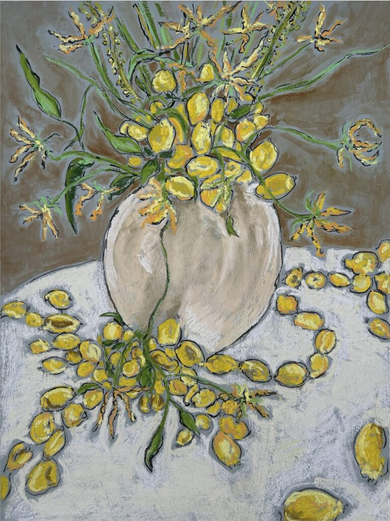 Tumbling lemons, a still life of lemons in vase. In acrylic ink and chalk pastel