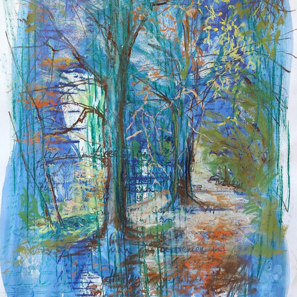 A mixed media scene of woodland, two trees and a path in blues,greens with text.