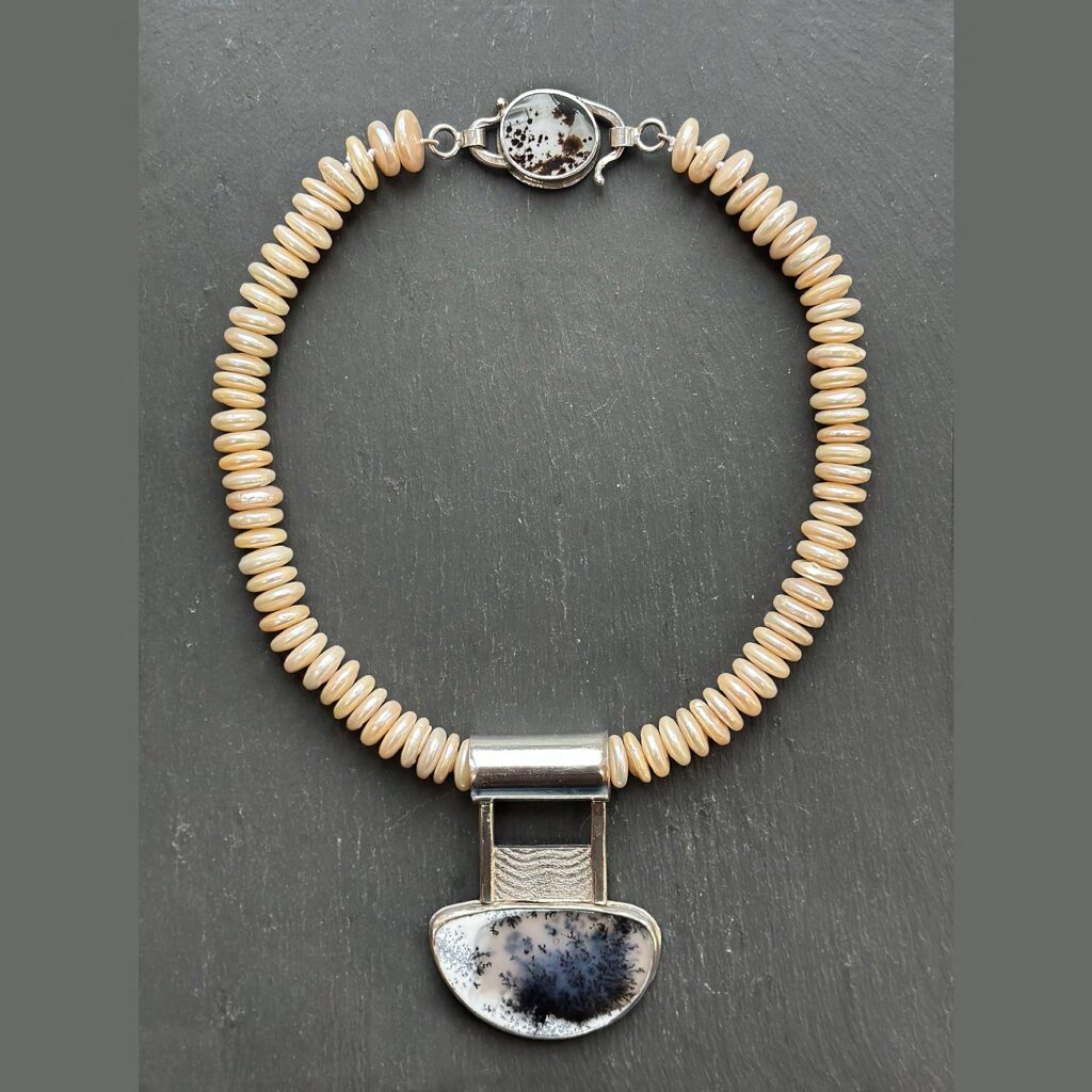 Tony Thomson Necklace: removable dendritic agate with cuttlefish casting pendant on pearls with agate clasp