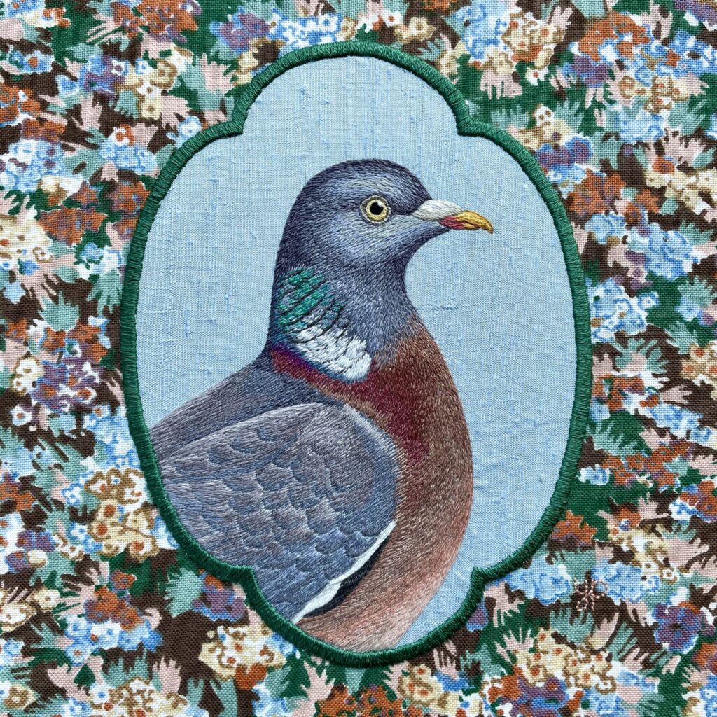 Wood Pigeon hand embroidery on vintage Liberty cotton