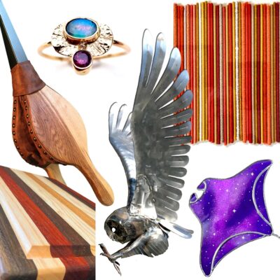 Textile, jewellery, metalwork, bellows, glass, woodwork exhibition