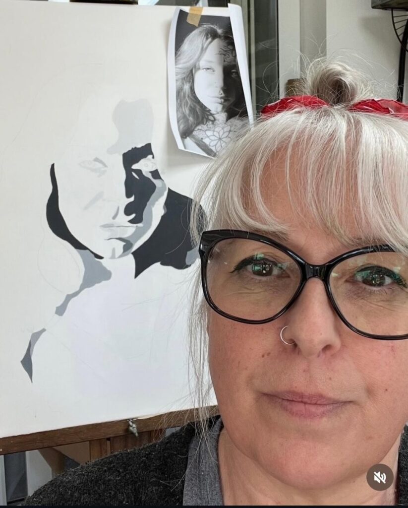 At work in my studio, my Alitia painting on the easel behind me