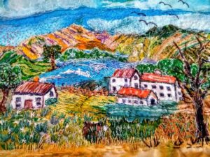 Lis Mann: 'mountain view' collage and hand stitch