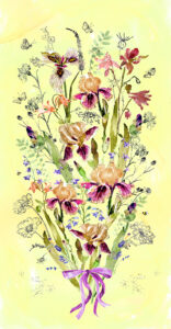 Fay Ford: Iris in my border wall hanging. Printed on cotton linen. 50 x 100cm