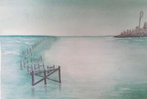 Jennie Fairweather: Swanage pier, (no longer there). Watercolour copy from a photo, on paper, mount and framed