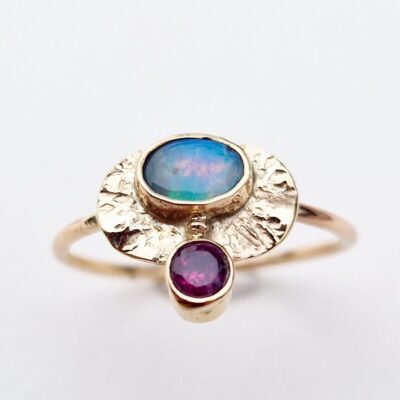 'Mycenae' Ring by Chloe Romanos, gold, opal, garnet