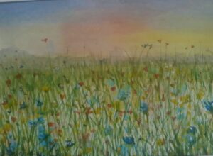 Jennie Fairweather: Wild Flower Meadow: watercolour on paper, mount and framed