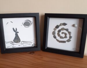 Sharon Rich WOA: Pebble Pictures.  Made with found Cornish beach pebbles and shells.