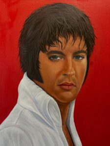Nicola Bingham: ‘Elvis Presley” oil on canvas 16 by 14 ins framed £295