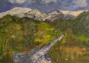 Lis Mann: 'mountain view' collage and acrylic  paint