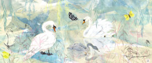 Fay Ford: Swans by the riverbank. Chinelle printed wall hanging.