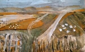 Lis Mann: 'Across the meadow' acrylic paint on heavy paper