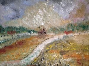 Lis Mann: path over the meadow, acrylic paint on water colour paper