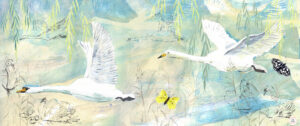Fay Ford: Flying swans. Chinelle printed wall hanging.