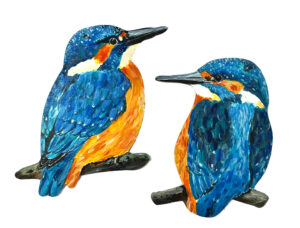 Fay Ford: Kingfishers. Hand painted on wooden cutout. 17 x 14cm