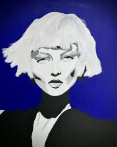 Tania Humphrey: 80's Girl was inspired by an image in a magazine. The '80's is my favourite decade for music and fashion and I wanted the viewer to feel the nostalgia in this piece. 80's Girl is painted using tones of mono on an electric blue background, reminiscent of the era. The piece was created using acrylic paint on a 50x40cms canvas. 80's Girl is unframed but ready to hang and available to buy. £300.00.