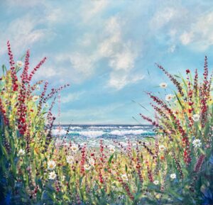 Emma Sian Pritchard: 'Between earth and sky' A Large statement painting on a 42" x 40" stretched canvas ( 106.68cm x 101.6cm x 2cm ) unframed, edges painted.