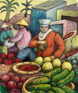Suzanne O'Driscoll: Morning Market, mixed media on paper, 15 x17cm