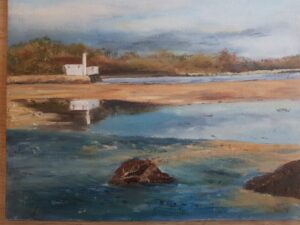 Judith Waywell: Quiet Bay, Anglesey.  Oil  on board, framed