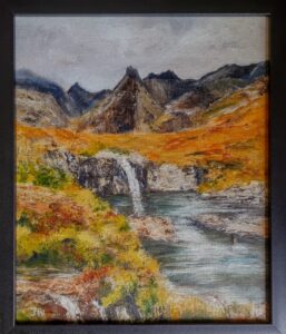 Judith Waywell: The Fairy Pools, Skye.  Oil on Canvas. Framed