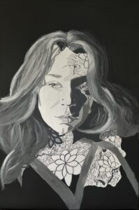 Tania Humphrey: Alitia is a talented young tattoo artist from my home town of Banbury. I was drawn to paint Alitia, initially because of her flaming red hair but I then decided that her artwork should be the focus of the image and so painted her in mono. This is quite a large piece, 50x75cms, painted using acrylics on canvas. Unframed but ready to hang and available to buy. £650.00.