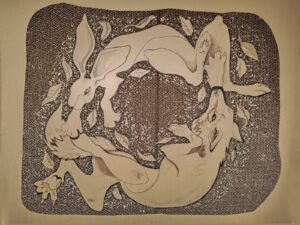 Aneta Pochatko: The Chase - Ink on peeled cardboard