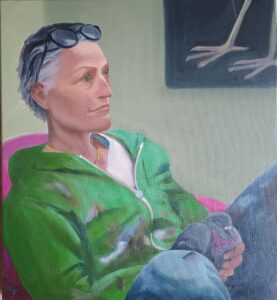 Catherine Pumphrey: Portrait of the artist Anna Lockwood holding a pigeon