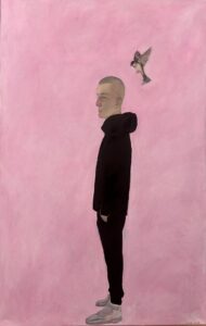 Anna Lockwood: Painting title; He Paid For Her Bus.  A very large pink painting of an adolescent boy and a little sparrow flying.  Oil on canvas by British artist Anna Lockwood