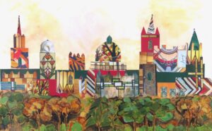 Margaret Horton: Art Deco Oxford in Green. Collage and acrylic, A4. £60