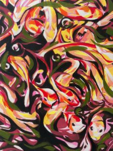 Challoner Spokes: Oil painting of colourful fishes swirling around each other in dark pink water
