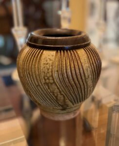 Jim Nelson: Reduction Fired-Ash Glaze-Stoneware-Reclaimed and Ebonized Red Oak Collar