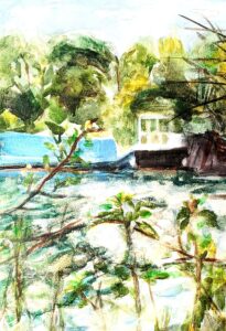 Jane Kelly OAS, SOA: Isis River and barge, Aston's Ayot, Oxford. Watercolour on paper.