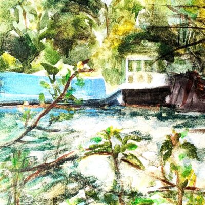 Isis River and barge, Aston's Ayot, Oxford. Watercolour on paper.