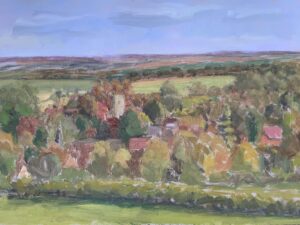Caroline Vivian: Autumn over The Astons, Oil on board (30 x 21cm)