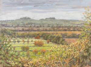 Caroline Vivian: Autumn Landscape to Wittenham Clumps, Oil on canvas board (30 x 23cm)