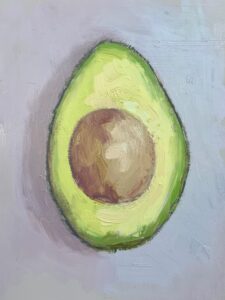 Caroline Vivian: Avocado study, Oil on board (15 x 21cm)