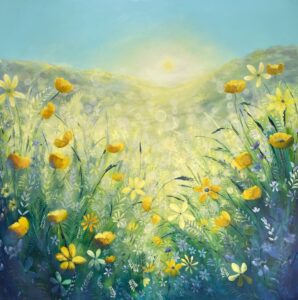 Emma Sian Pritchard: 'Sunrise over the meadow' Large statement piece. 50" x 50" ( 127cm x 127cm ) £1700