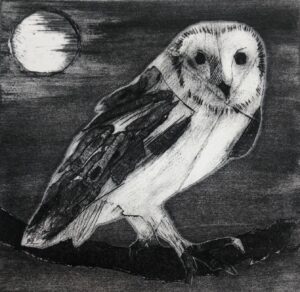 Hannah Farncombe: Collagraph monotype of Barn Owl