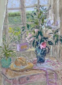 Caroline Vivian: Bedroom Window with Still Life, Oil on board (30 x 39cm)