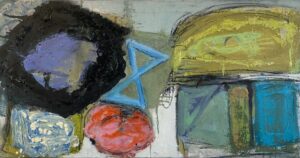 Belinda Ellis: B.Ellis 'Between a Rock & a Hard Place - A Climate Emergency' 2023, oil & charcoal on canvas, 58x102cm