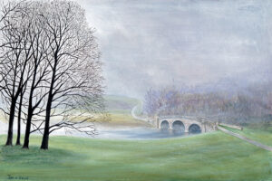 Jane Peart OAS, OPC: 'Bladon Bridge on a misty day' an acrylic painting. A walk at Bkenheim Palace
