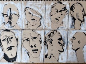 Penny Astrop: Broken Faces, ink on paper, 60cms x 420cms, framed, £150