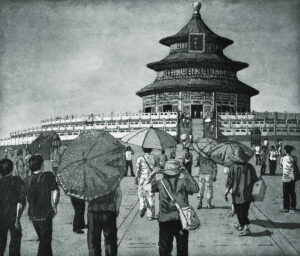 Jane Peart OAS, OPC: 'At the Temple of Heaven, Beijing' etching/aquatint. People drawn to the Temple of Heaven