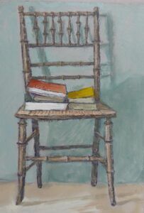 Caroline Vivian: Old Chair with Books, Oil on board (15 x 21cm)