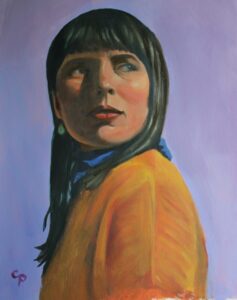 Catherine Pumphrey: Portrait of a woman in a yellow top on a lilac background