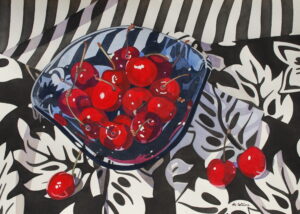 Marjorie Collins OAS: CHERRIES IN A BLUE GLASS BOWL Watercolour 58 x 73 cm