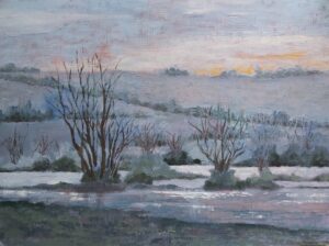 Dirk Pretorius OAS: 'Cherwell Valley Winter' - a painting inspired by many walks near Deddington in the Cherwell Valley on a cold wet day. At first glance, grey predominates, but deeper down is a richness of colour, waiting to be discovered.