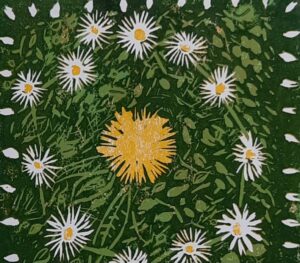 Patsy Jones: Daisy Chain reduction lino cut