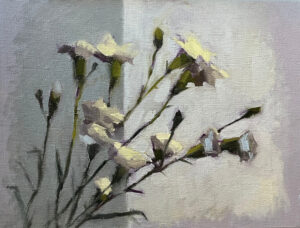 Lucy Priest: Daylit Carnations, Yellow, 2026, oil on canvas, 8 x 10 inches